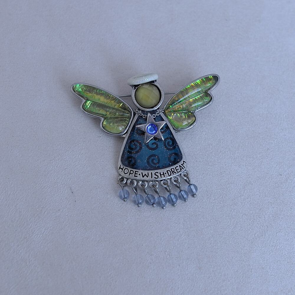 Hope Wish Dream Angel Brooch Pin Iridescent Wings Blue Enamel Vintage Style